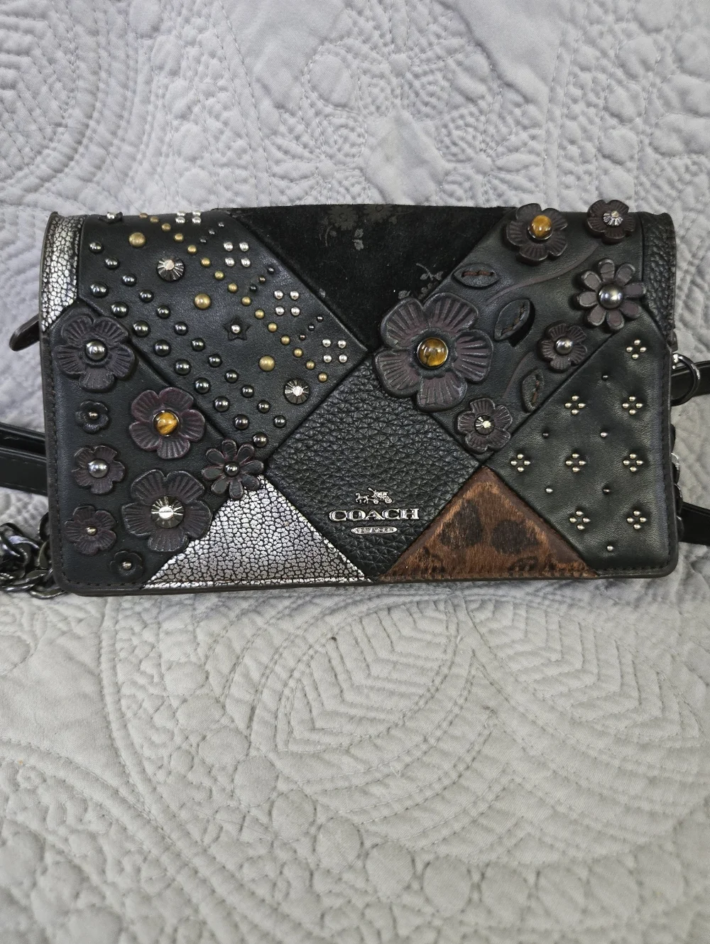 Coach Black Floral Patchwork Crossbody with Metallic Accents - Picture 1 of 6
